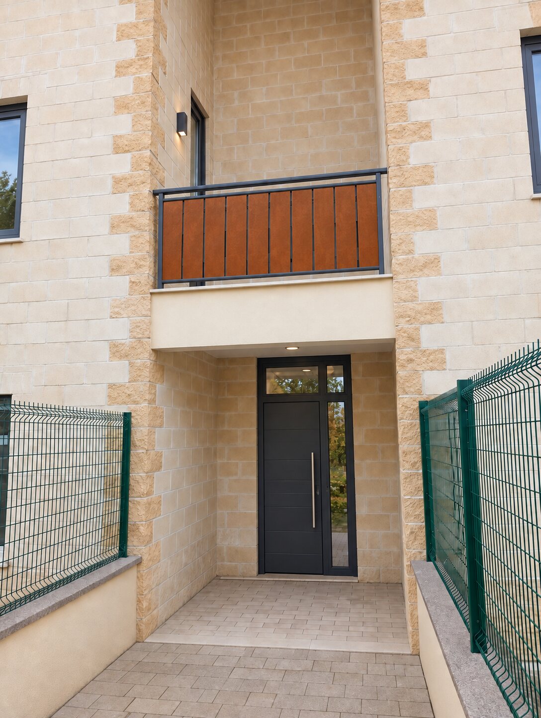 Ingresso della palazzina e balcone con finitura prevista